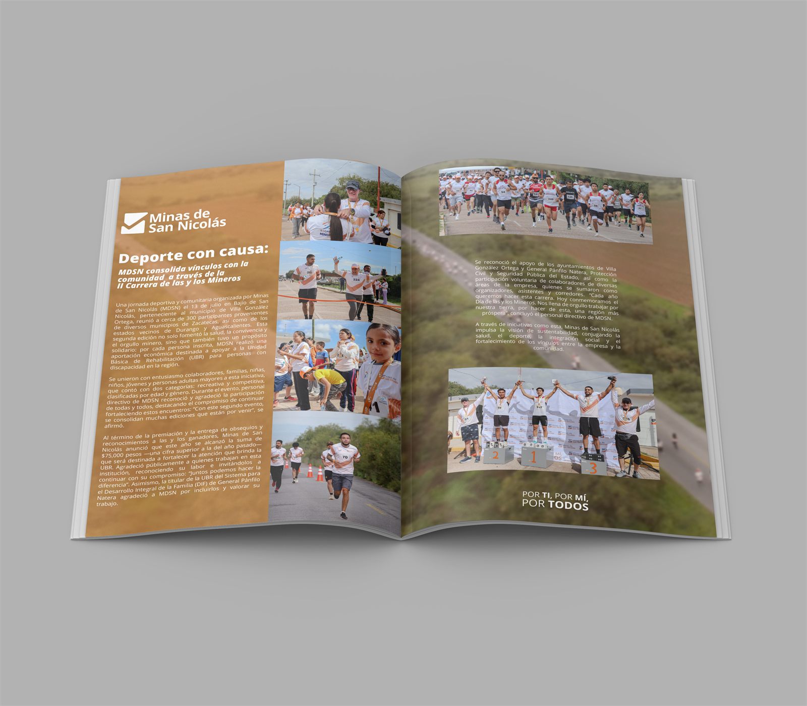 Revista abierta con el artículo «Deporte con causa» de Minas de San Nicolás
