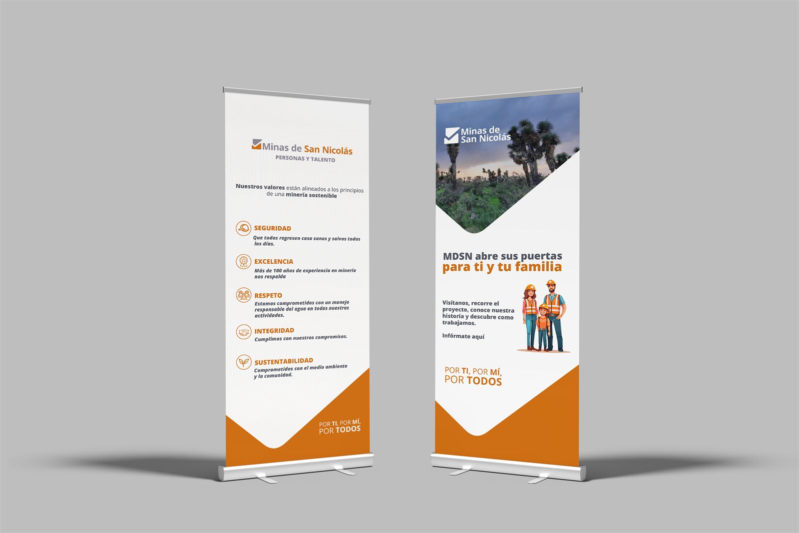 Dos roll ups de Minas de San Nicolás con sus valores y una invitación a visitas