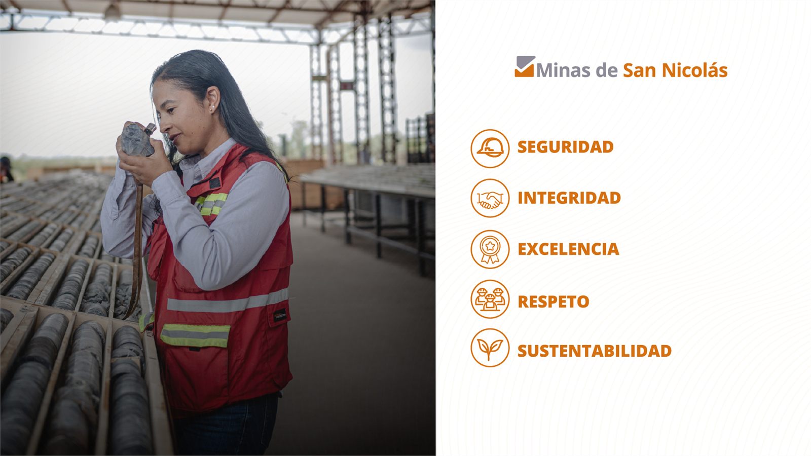 Carrusel de valores de Minas de San Nicolás: seguridad, integridad, excelencia, respeto y sustentabilidad
