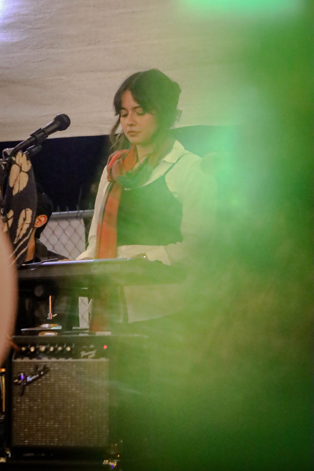 Interpretación al teclado durante el concierto, entre luces verdes